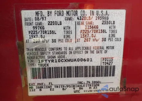 1998 Ford Ranger Splash/Xl/Xlt z USA, uszkodzony, nr VIN 1FTYR10CXWUA00601